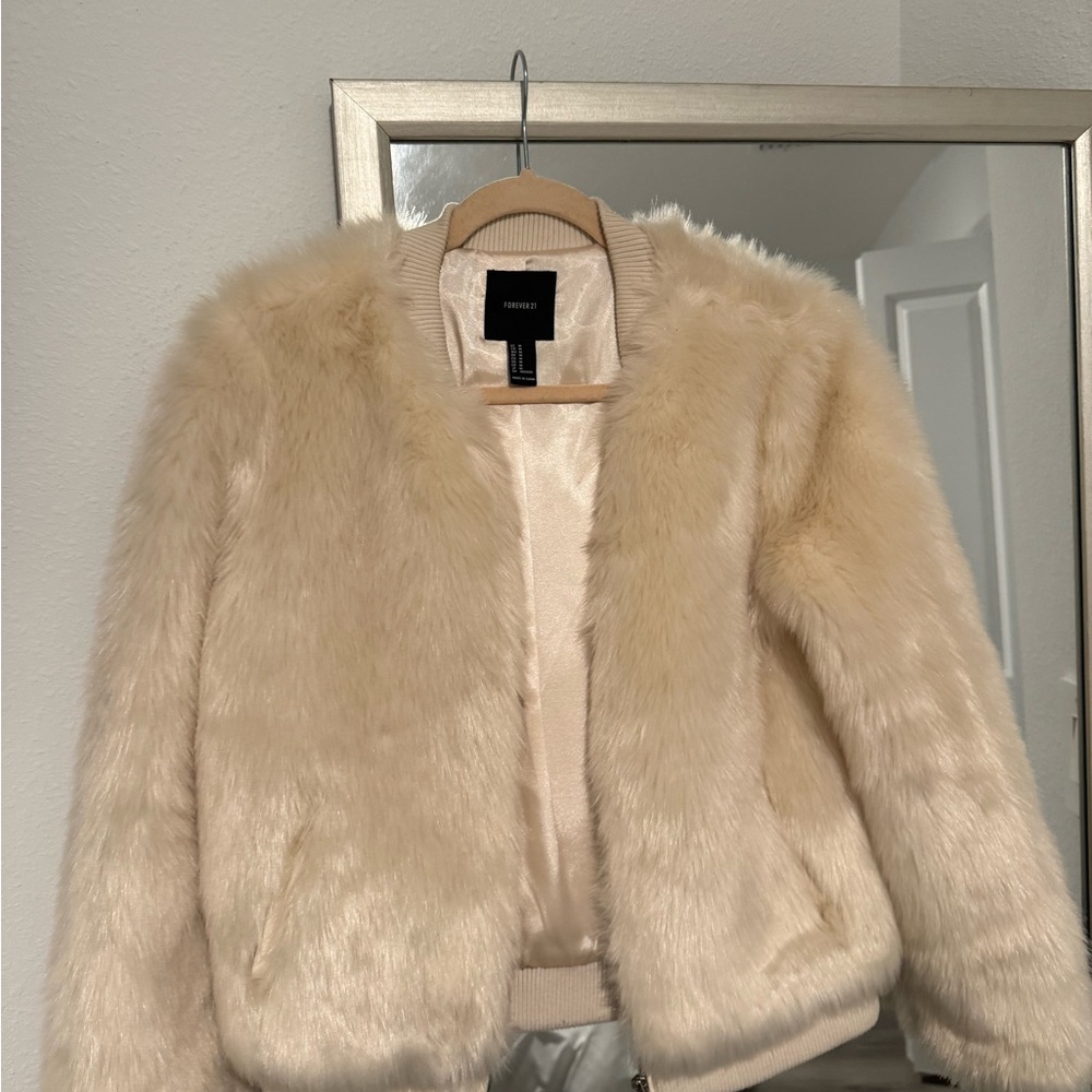 Forever 21 Faux Fur Cream Jacket